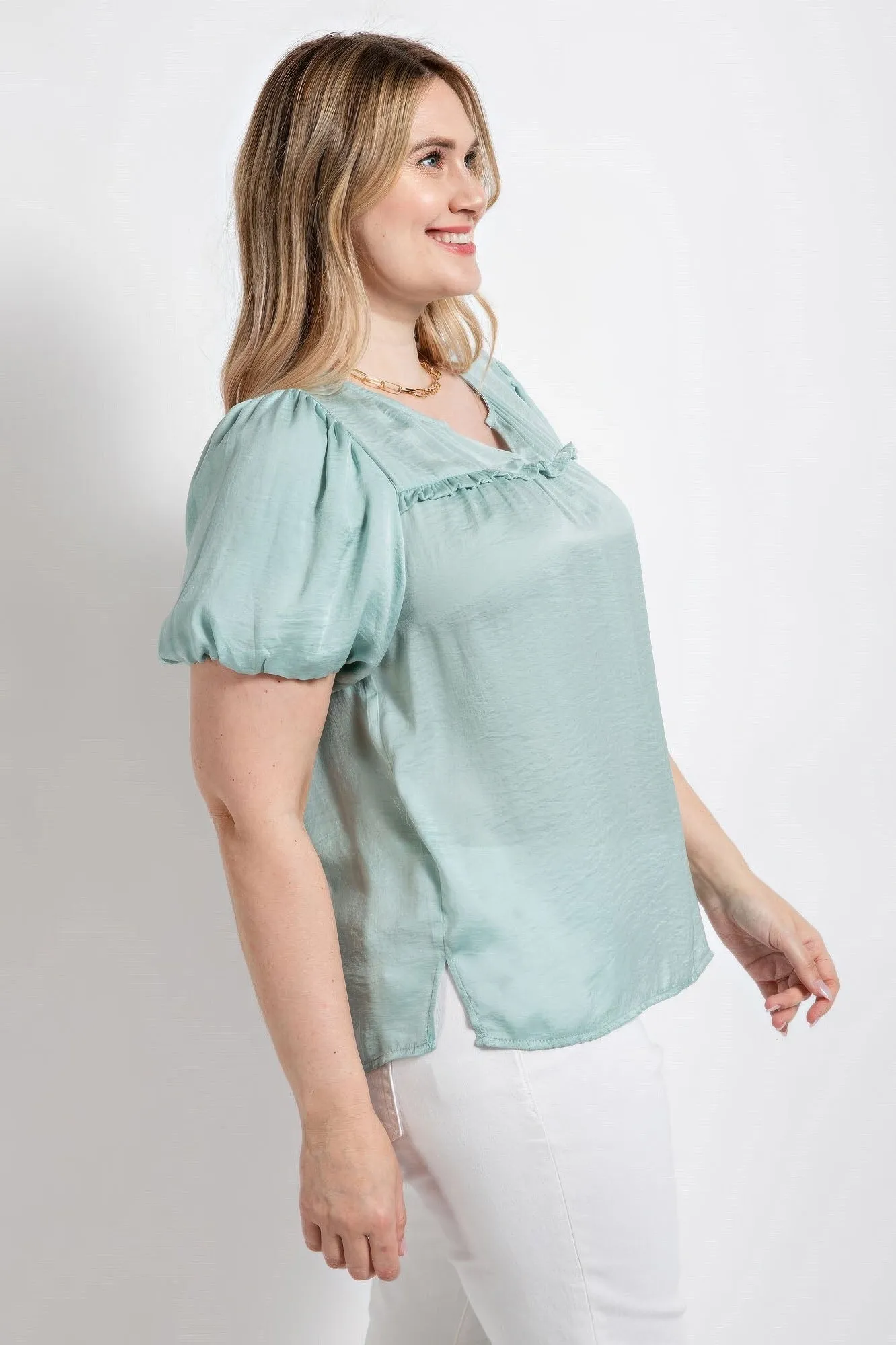 Satin Top With Ruffle Yoke And Puff Sleeves