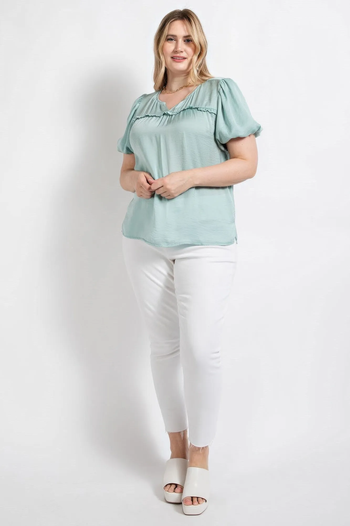 Satin Top With Ruffle Yoke And Puff Sleeves