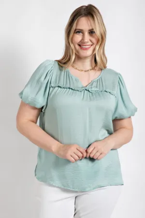 Satin Top With Ruffle Yoke And Puff Sleeves