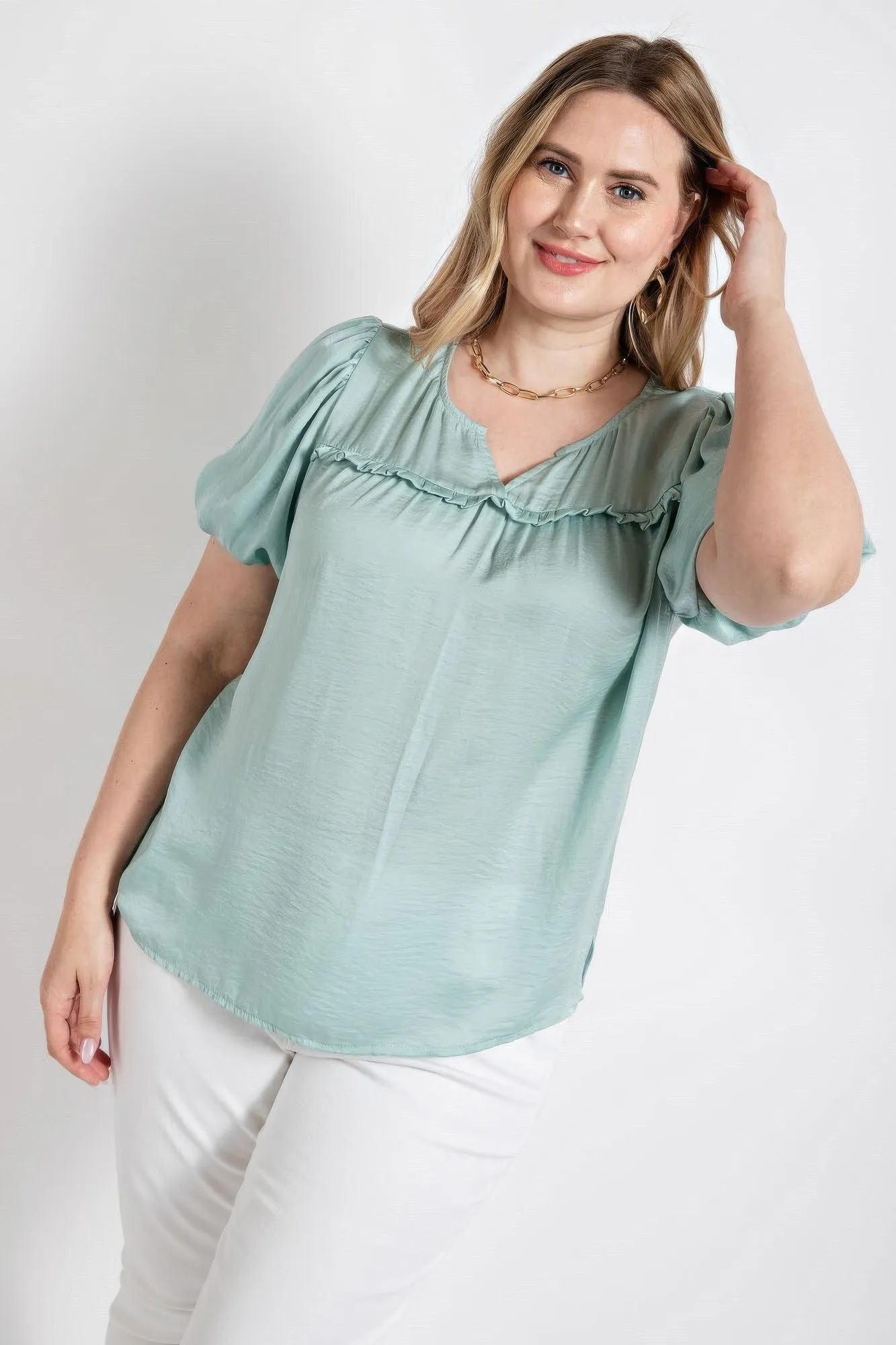 Satin Top With Ruffle Yoke And Puff Sleeves