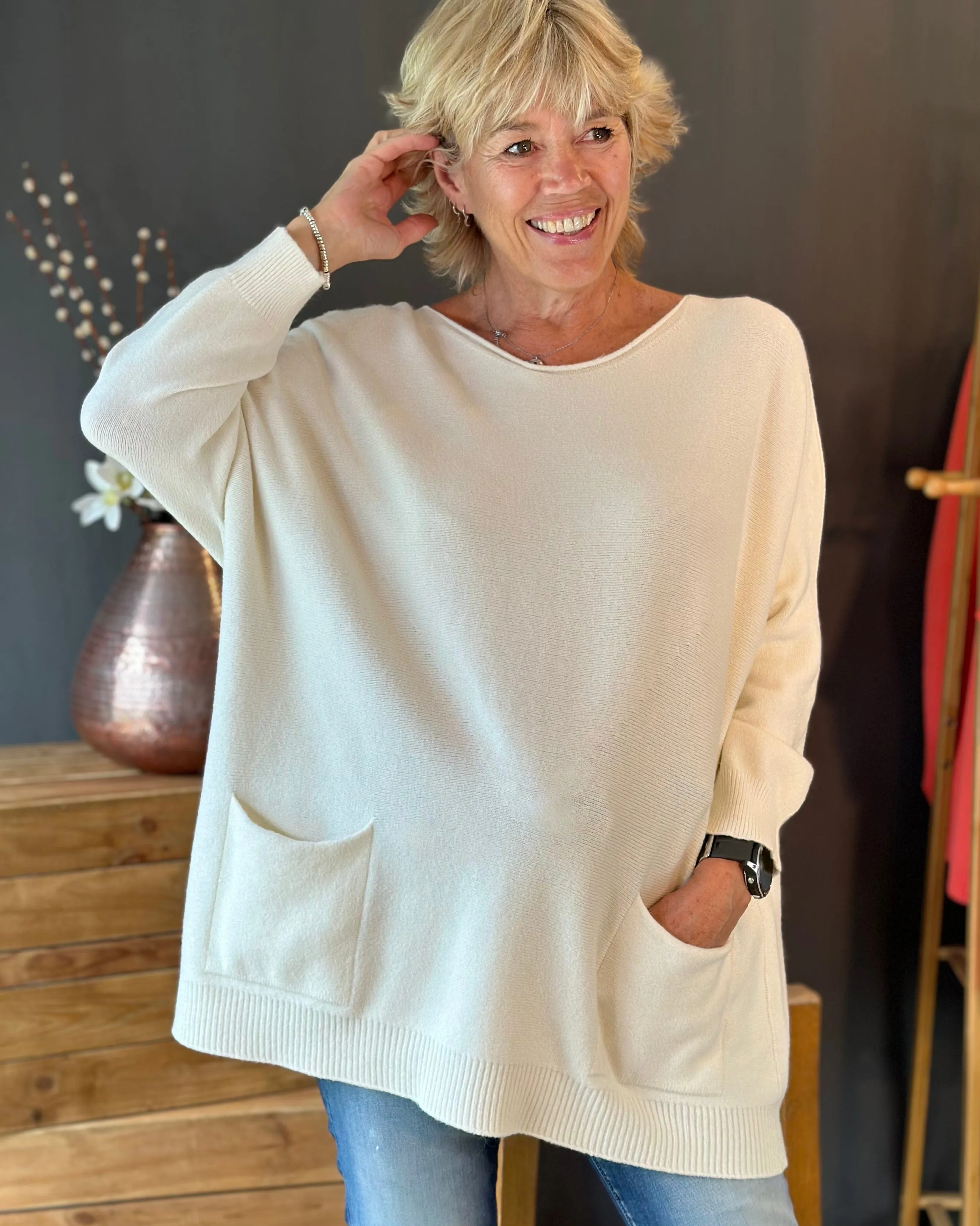 Slouchy Pocket Jumper - Cream