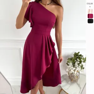 Solid Color Asymmetric Off-Shoulder Slim Fit Mid-Length Dress