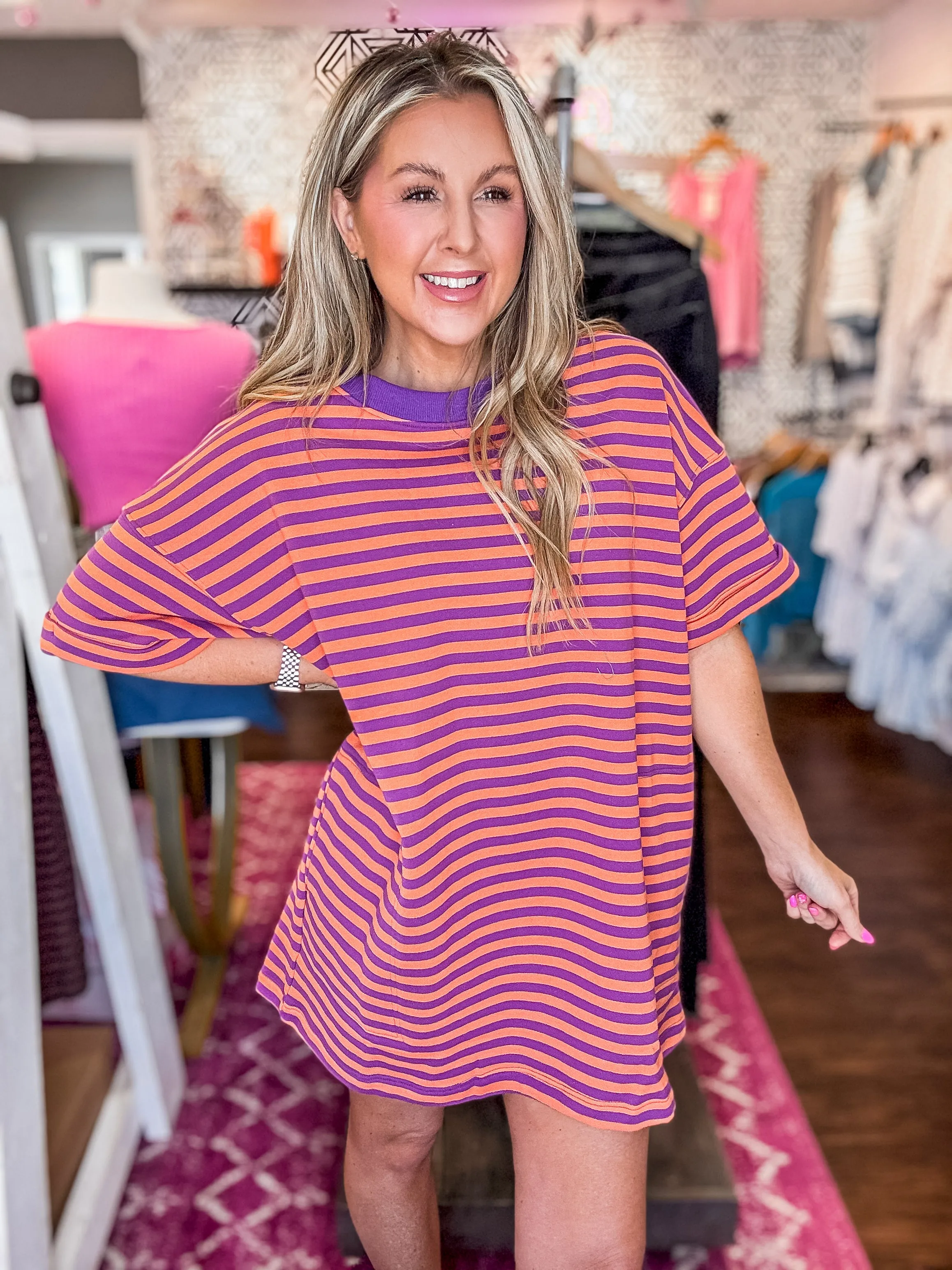Stripe Knit Orange/Purple Oversized Tee Dress