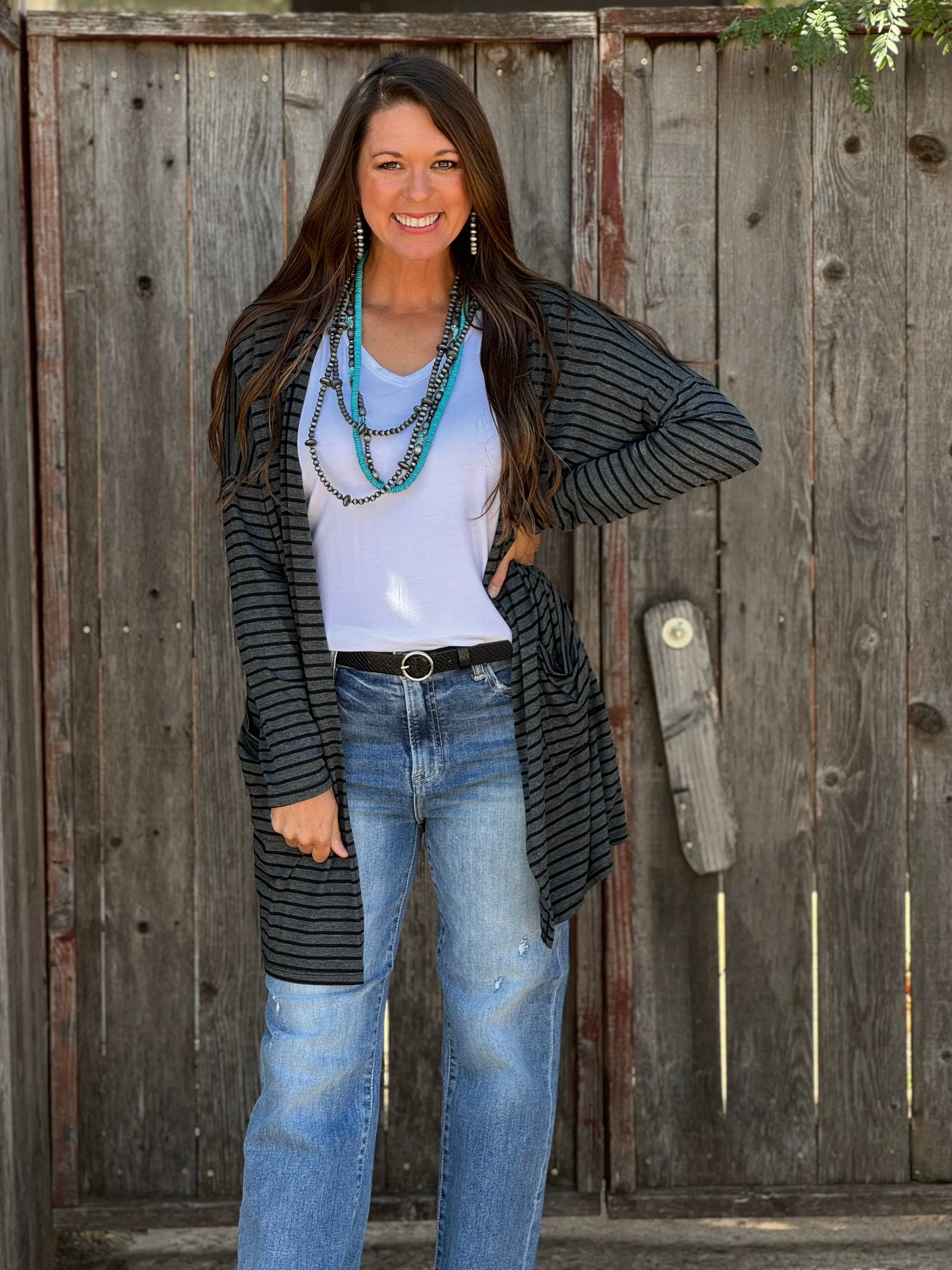 Suzy Grey & Black Striped Cardigan