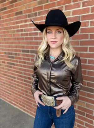 The Seguin Metallic Button Down in Black-Rose Gold Metallic S-L
