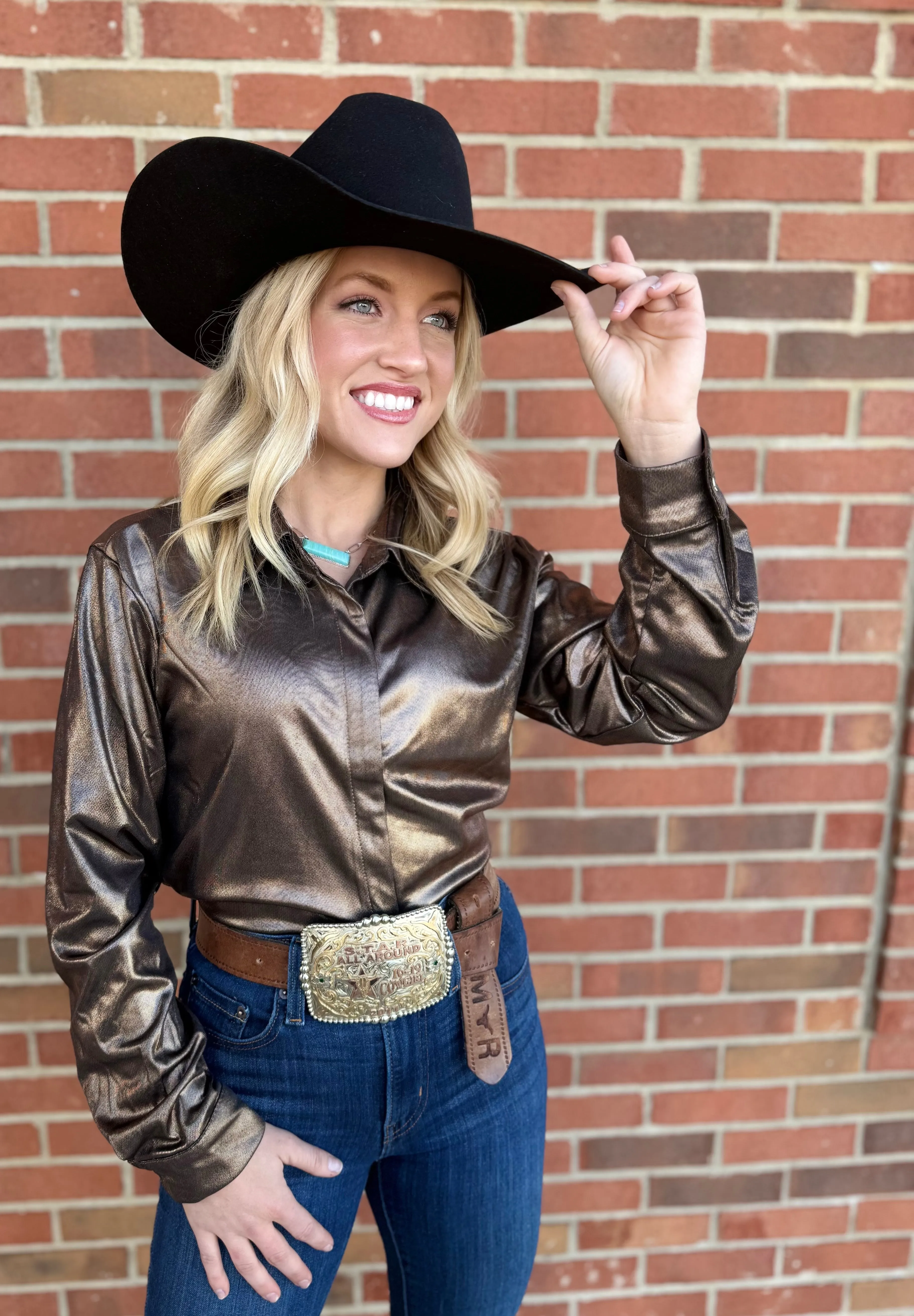 The Seguin Metallic Button Down in Black-Rose Gold Metallic S-L