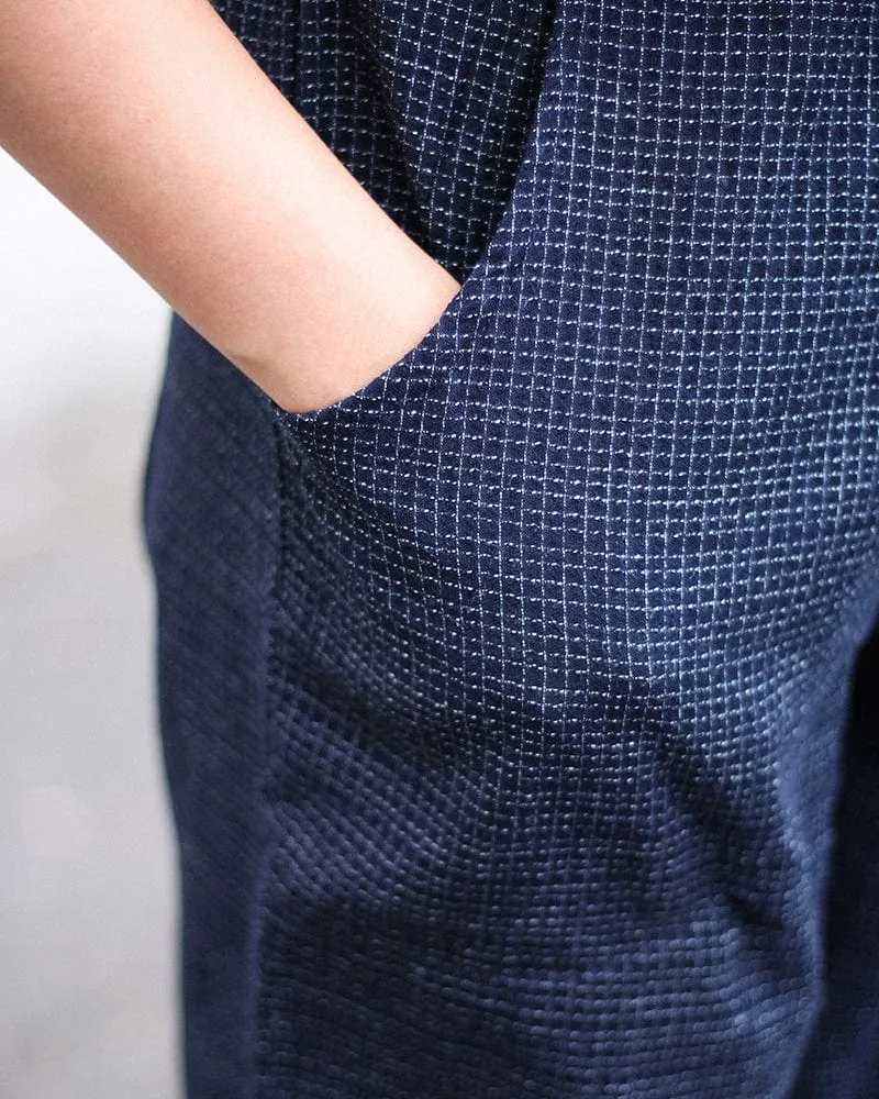ToK Pants, Chijimi Indigo with Small Grid