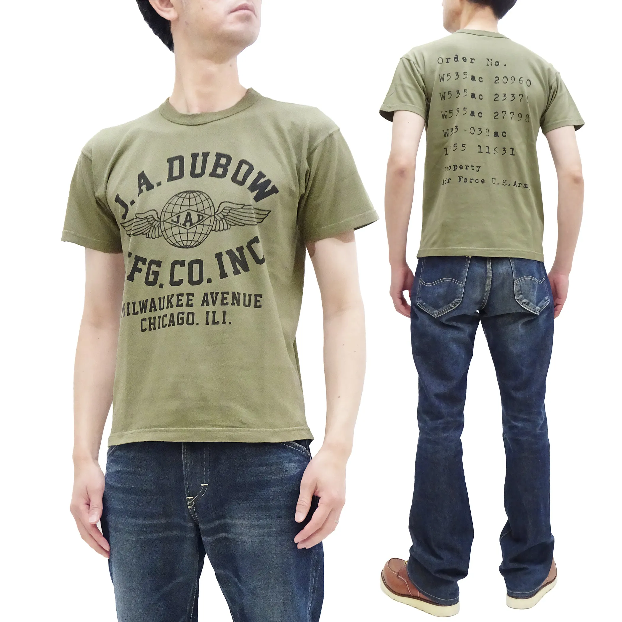 TOYS McCOY T-Shirt Men's J.A. Dubow Mfg Co. Logo Military Graphic Garment-Dyed Heavyweight Short Sleeve Loopwheel Tee TMC2346 160 Faded-Olive