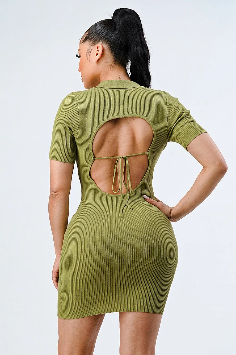 TRENDY OPEN BACK-TIE COLLARED RIB KNIT MINI DRESS