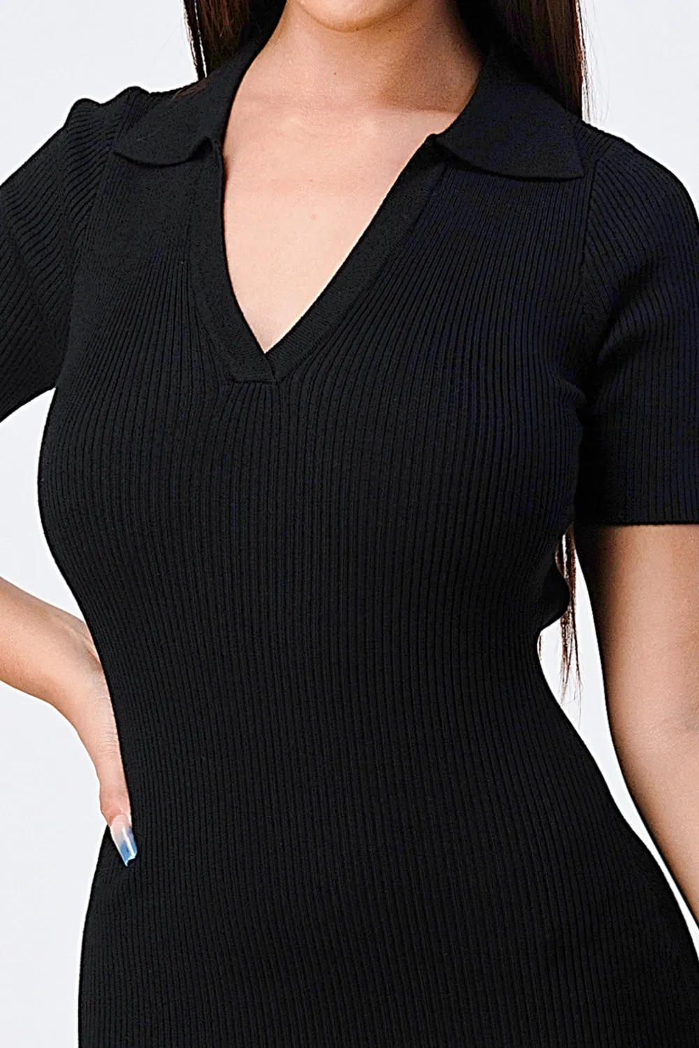 TRENDY OPEN BACK-TIE COLLARED RIB KNIT MINI DRESS