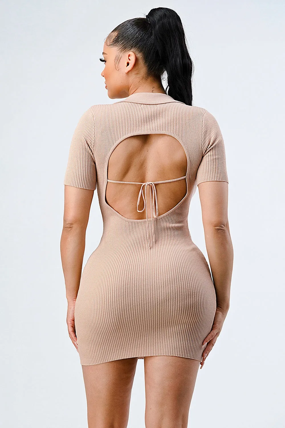 TRENDY OPEN BACK-TIE COLLARED RIB KNIT MINI DRESS
