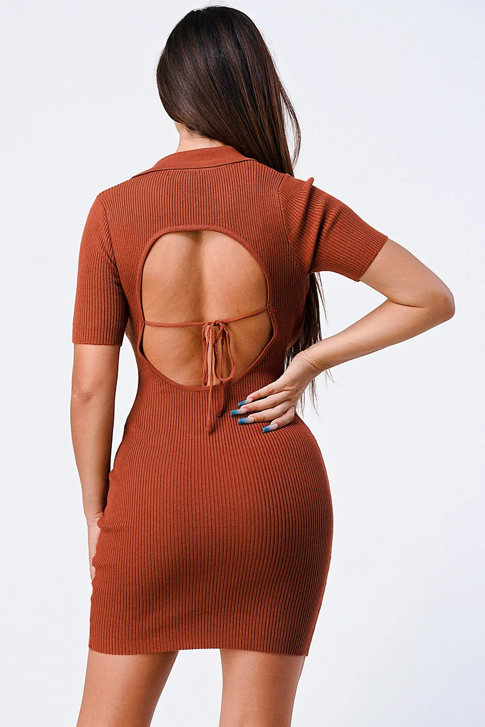 TRENDY OPEN BACK-TIE COLLARED RIB KNIT MINI DRESS