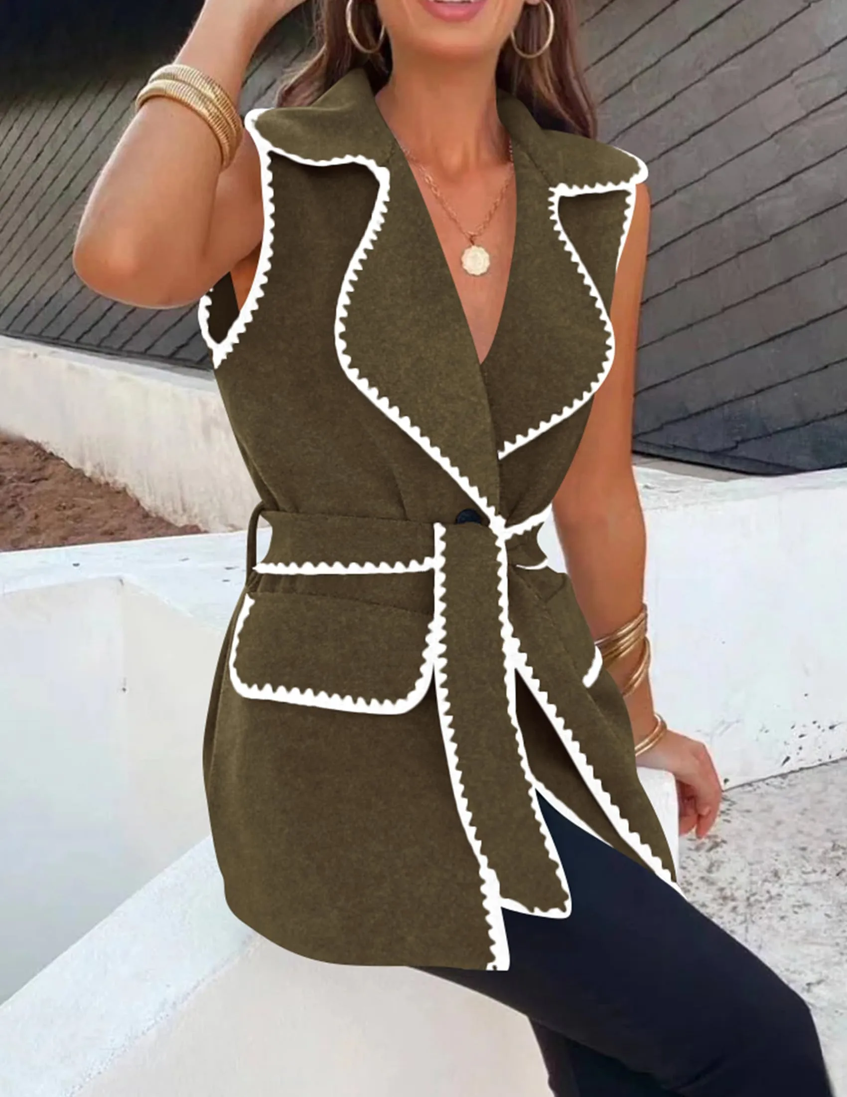 Tweed Sleeveless Lapel Button Front Belt Color Block Vest Jackets