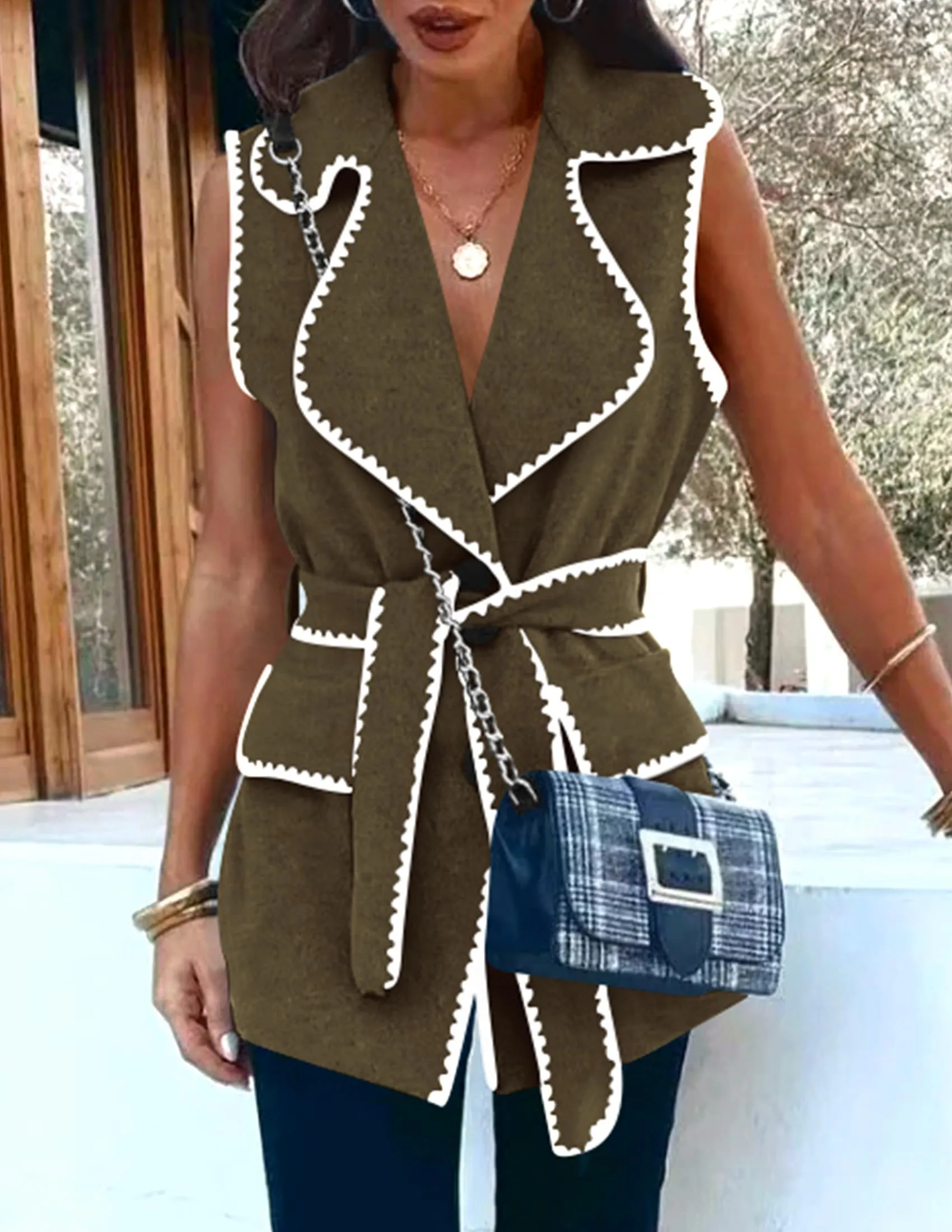 Tweed Sleeveless Lapel Button Front Belt Color Block Vest Jackets