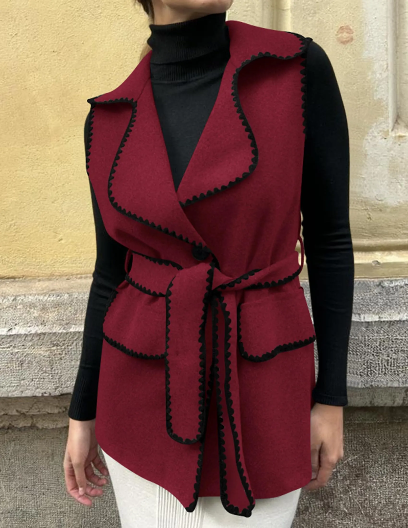 Tweed Sleeveless Lapel Button Front Belt Color Block Vest Jackets