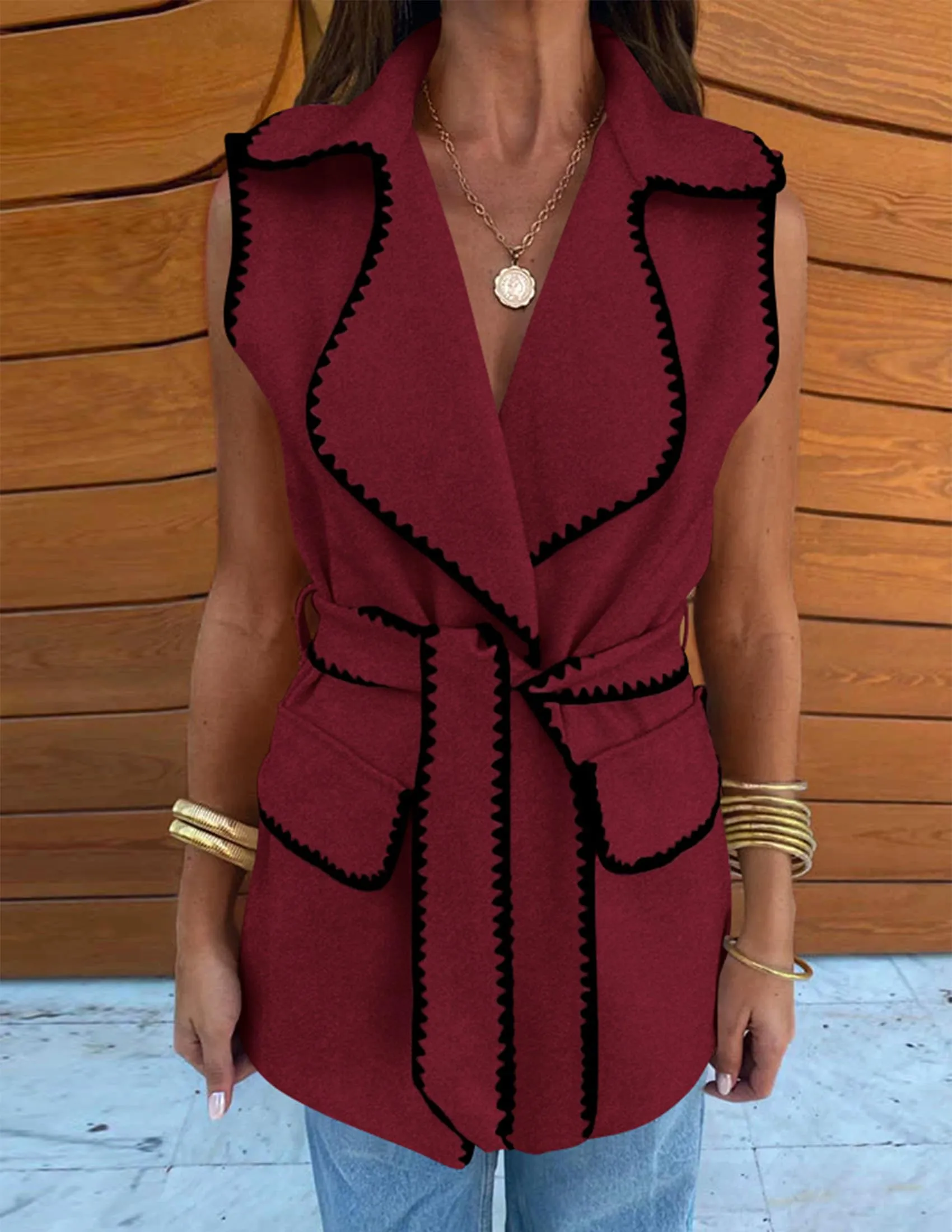 Tweed Sleeveless Lapel Button Front Belt Color Block Vest Jackets