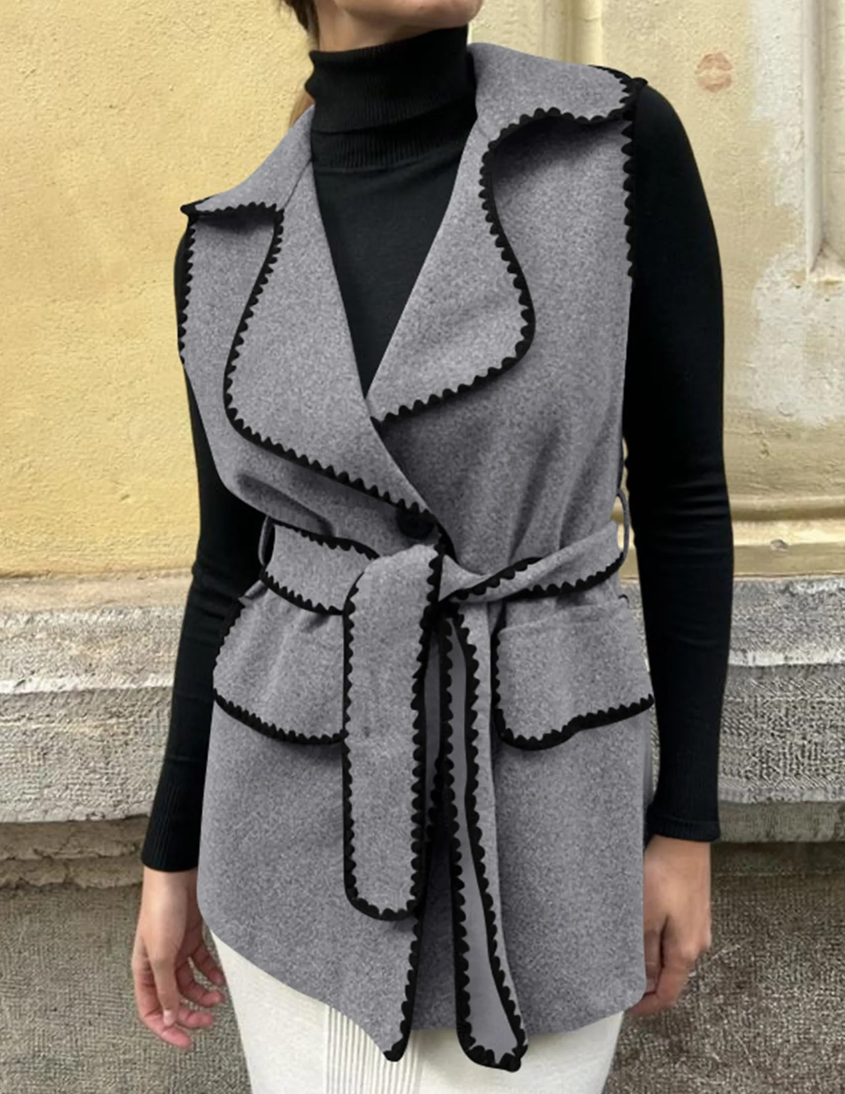 Tweed Sleeveless Lapel Button Front Belt Color Block Vest Jackets