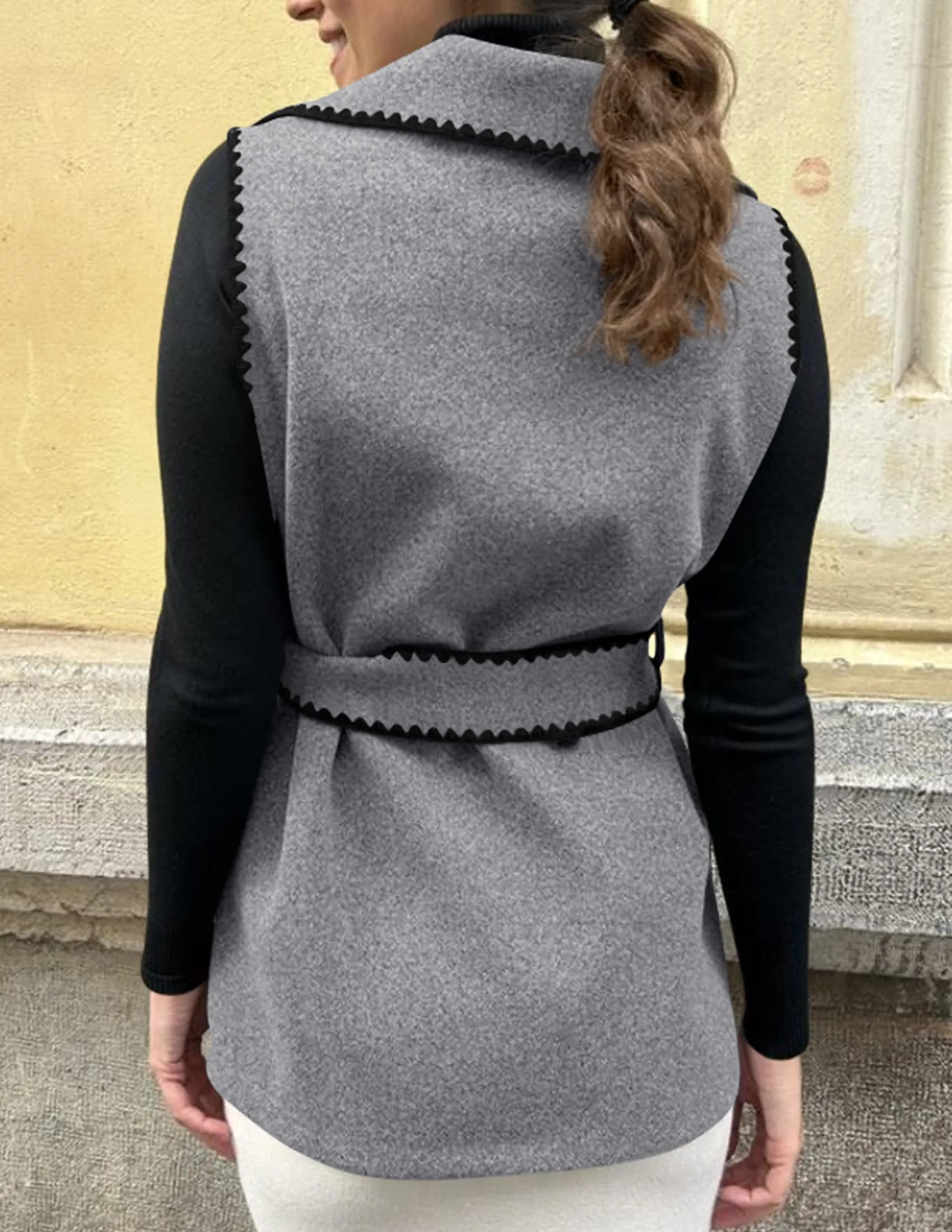 Tweed Sleeveless Lapel Button Front Belt Color Block Vest Jackets