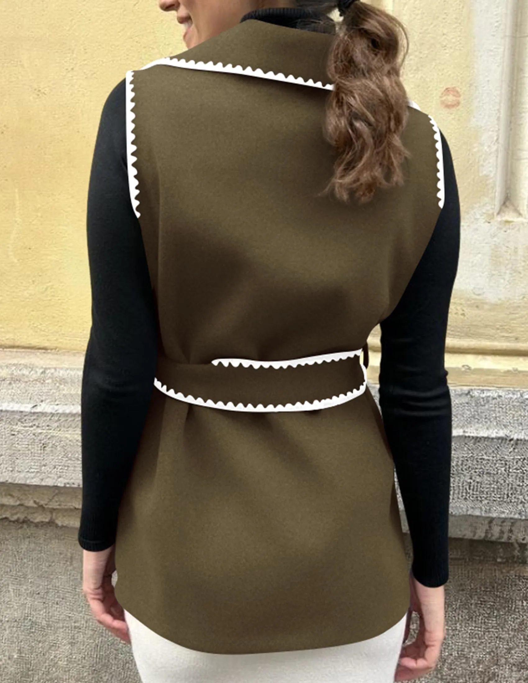 Tweed Sleeveless Lapel Button Front Belt Color Block Vest Jackets