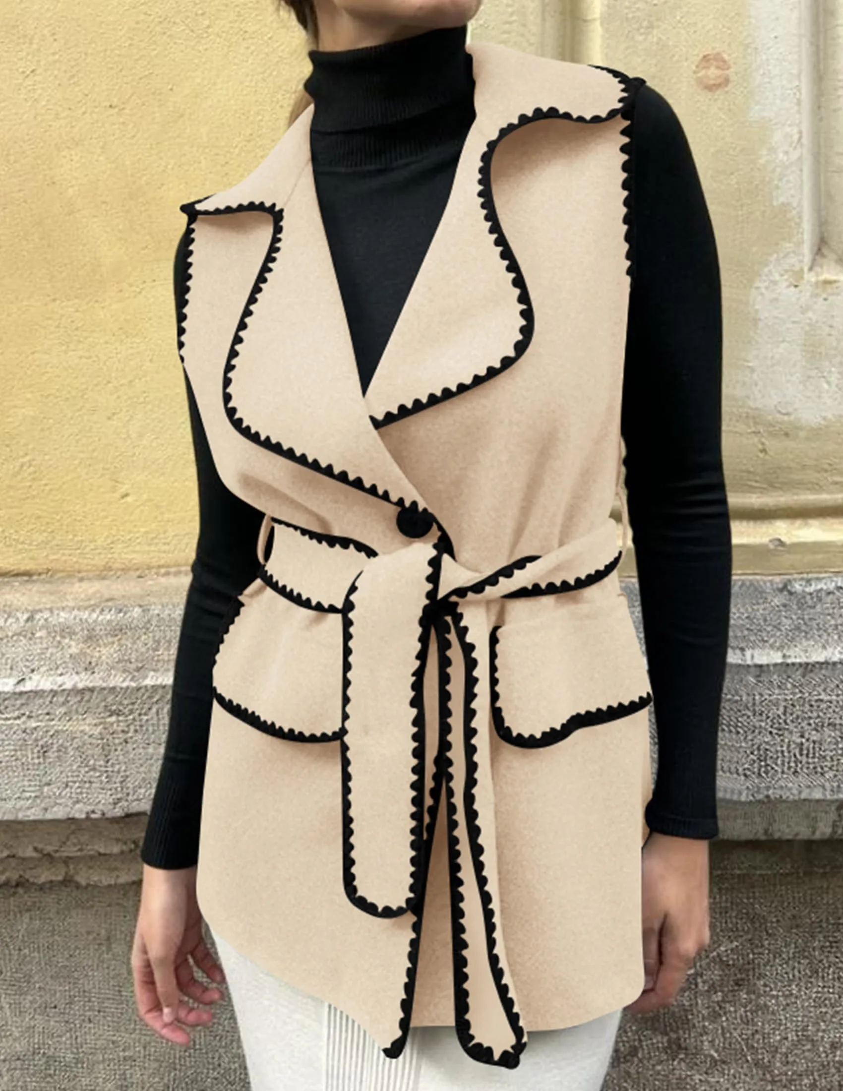 Tweed Sleeveless Lapel Button Front Belt Color Block Vest Jackets