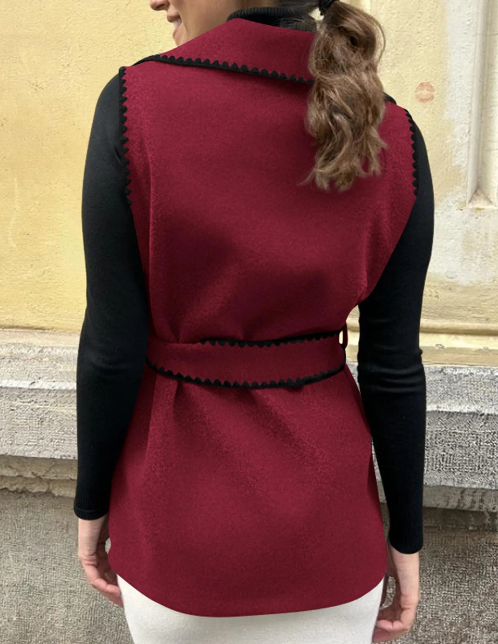 Tweed Sleeveless Lapel Button Front Belt Color Block Vest Jackets