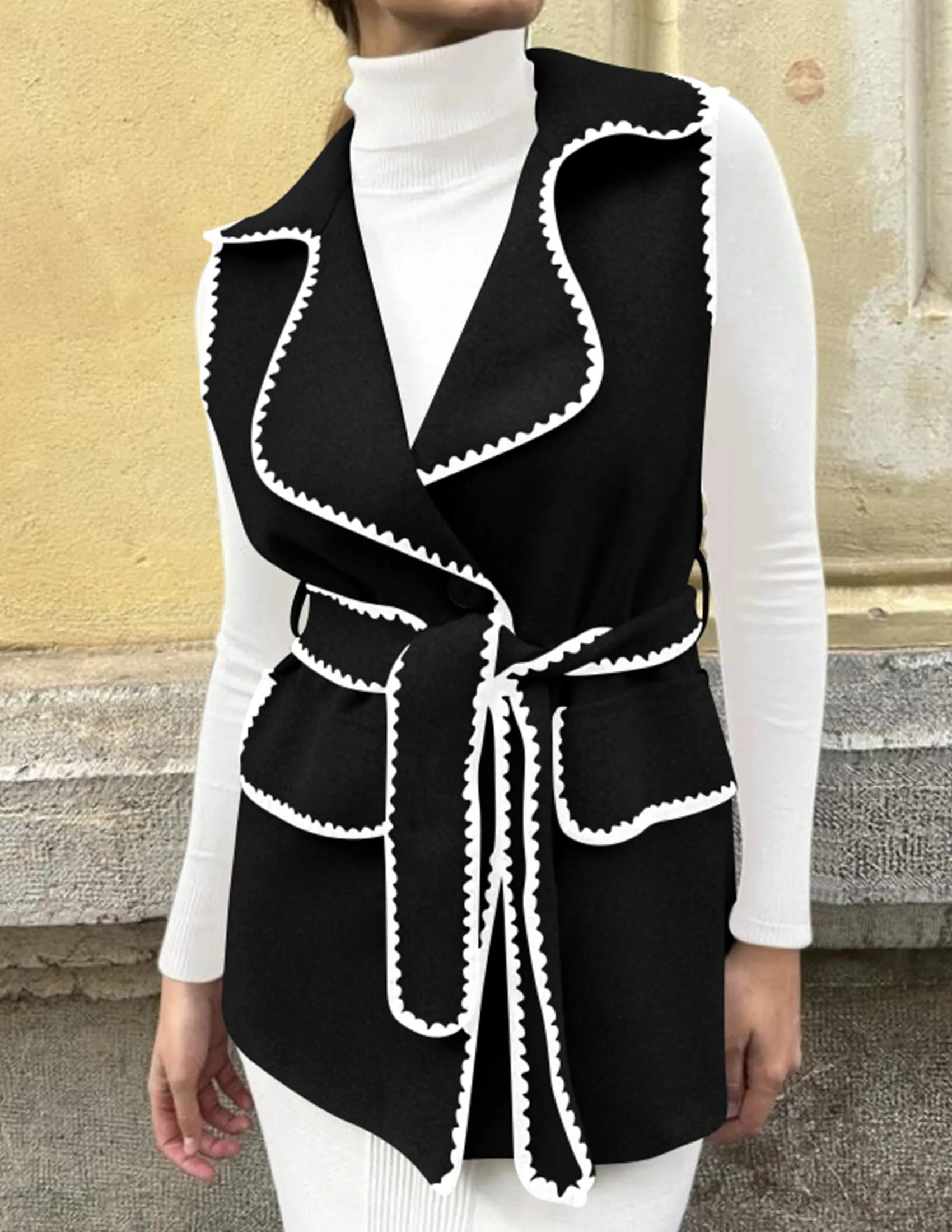 Tweed Sleeveless Lapel Button Front Belt Color Block Vest Jackets