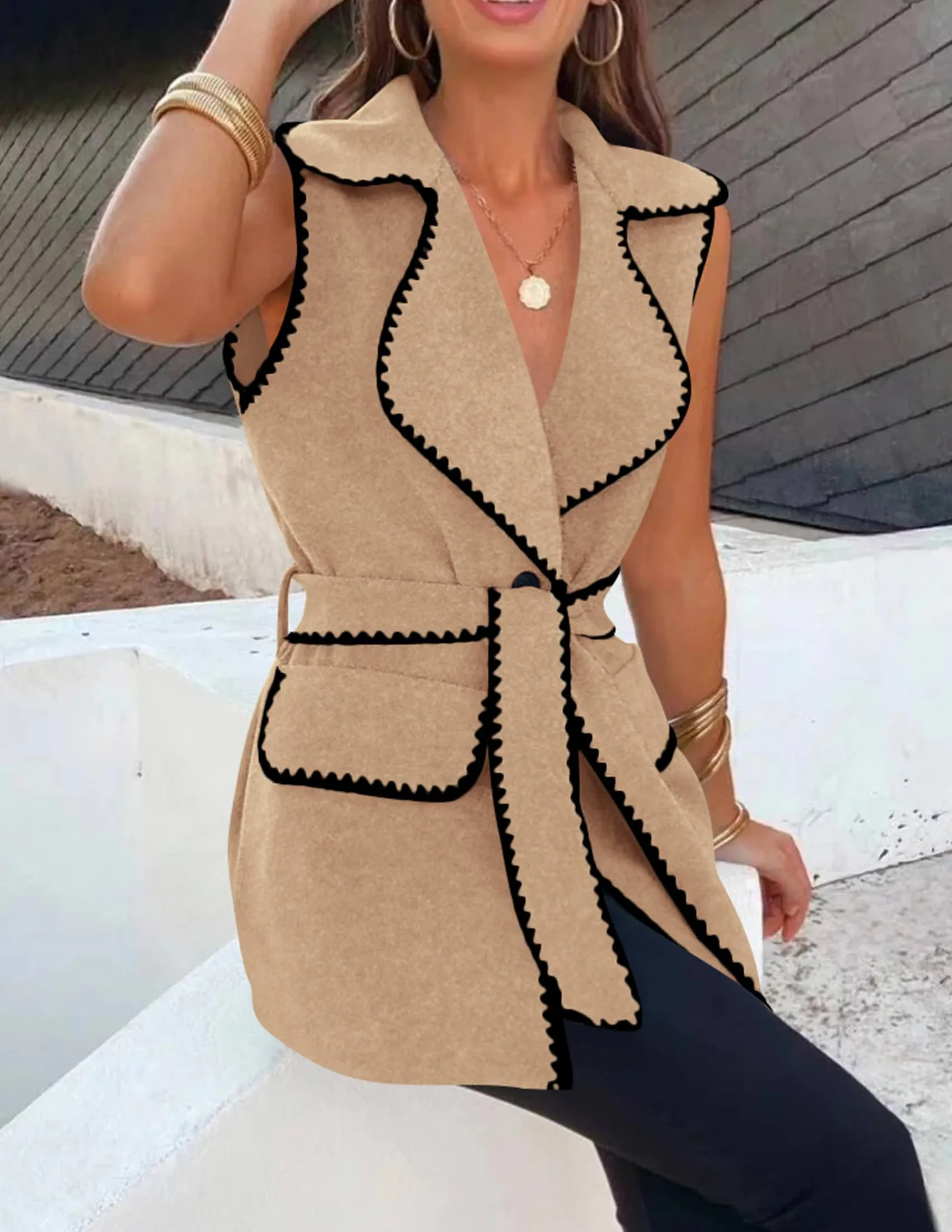 Tweed Sleeveless Lapel Button Front Belt Color Block Vest Jackets