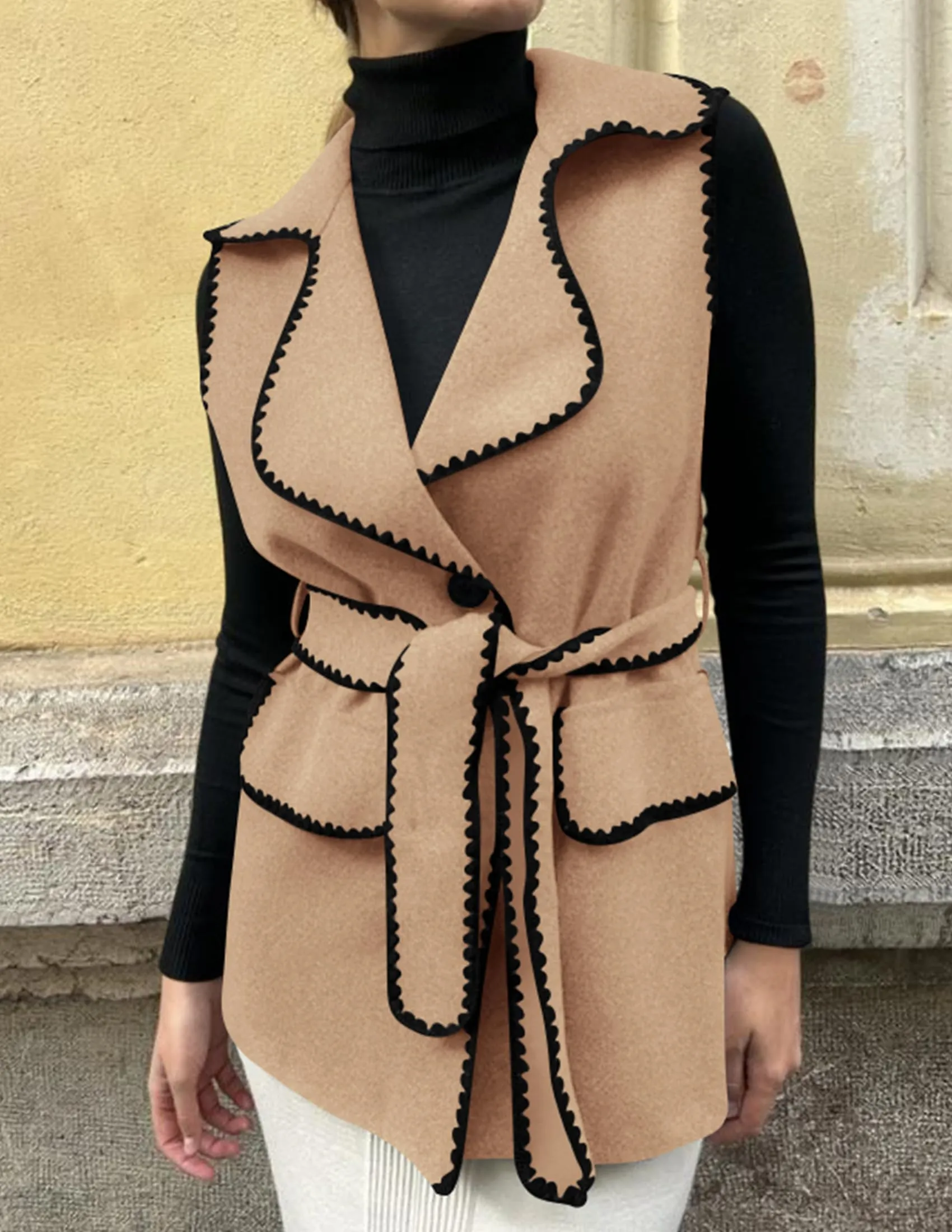 Tweed Sleeveless Lapel Button Front Belt Color Block Vest Jackets