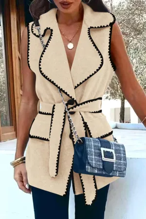 Tweed Sleeveless Lapel Button Front Belt Color Block Vest Jackets