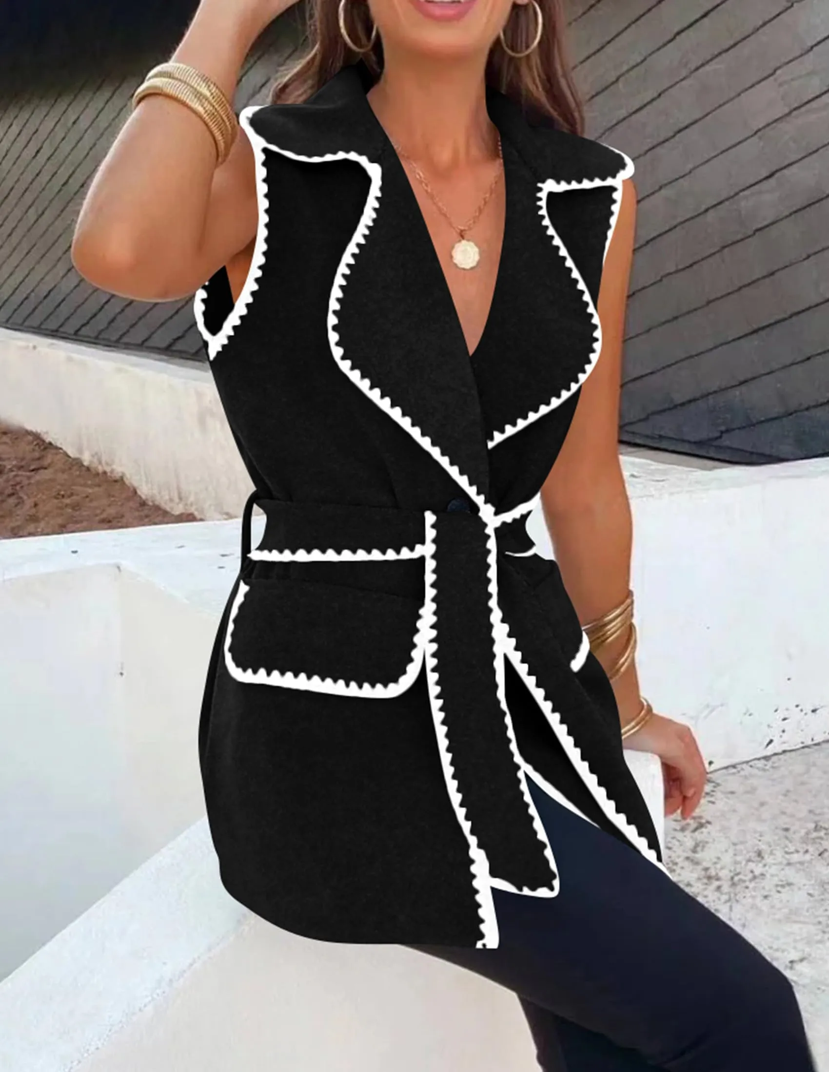 Tweed Sleeveless Lapel Button Front Belt Color Block Vest Jackets