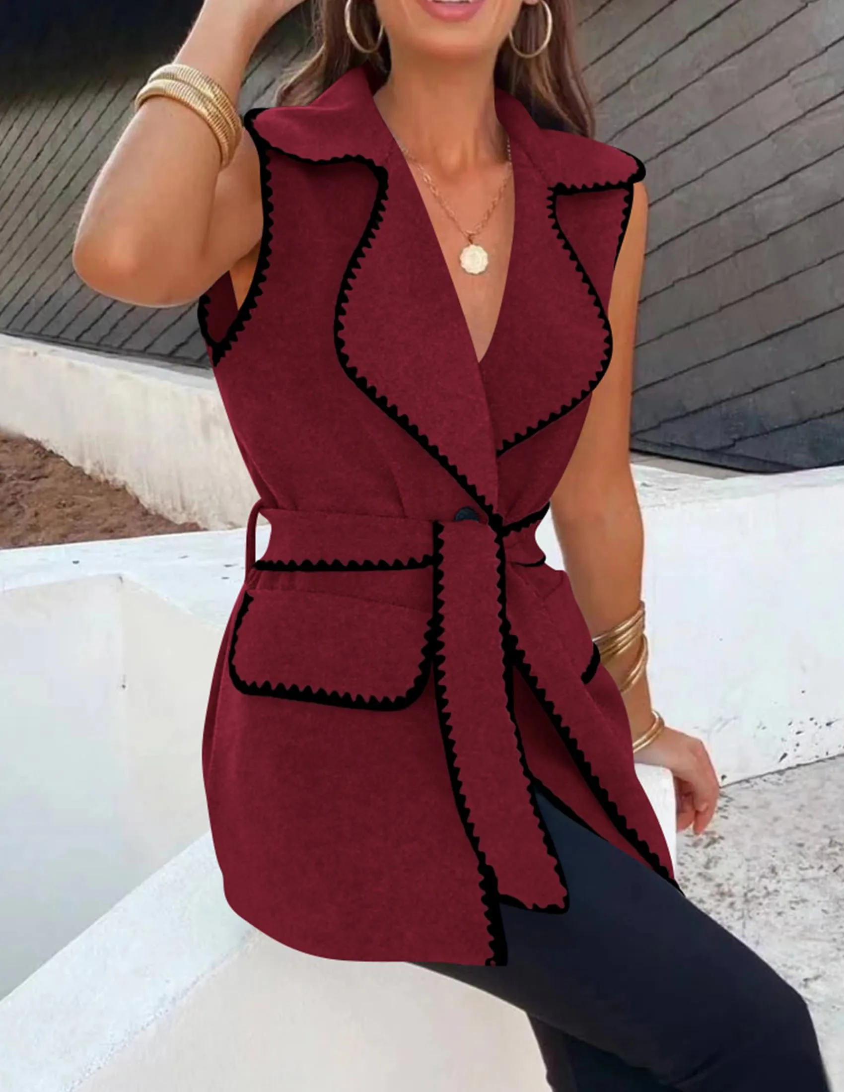 Tweed Sleeveless Lapel Button Front Belt Color Block Vest Jackets