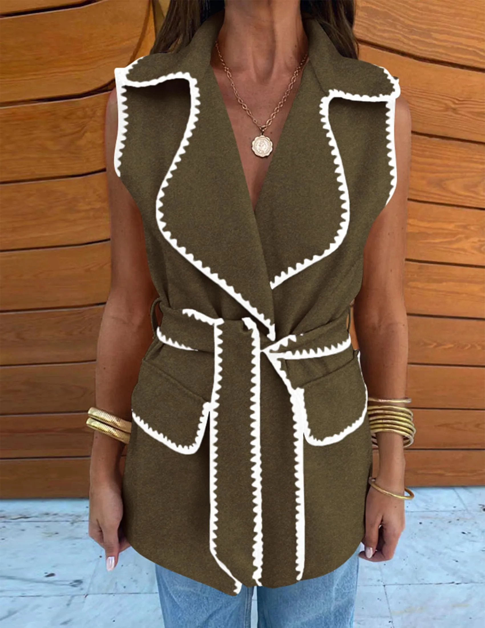 Tweed Sleeveless Lapel Button Front Belt Color Block Vest Jackets