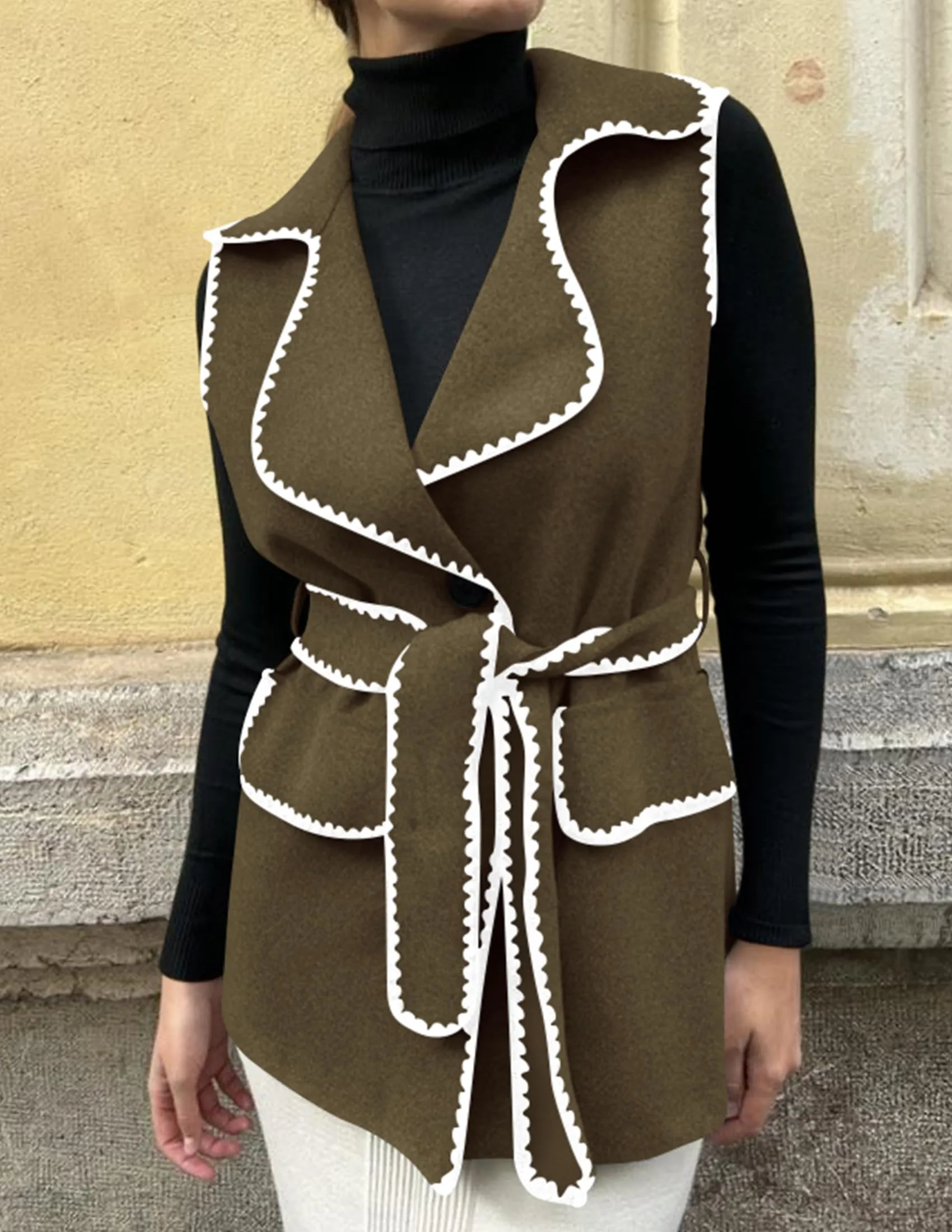 Tweed Sleeveless Lapel Button Front Belt Color Block Vest Jackets