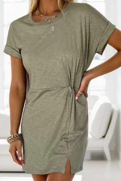 Twist Front Short Sleeve Crew Neck T Shirt Dress