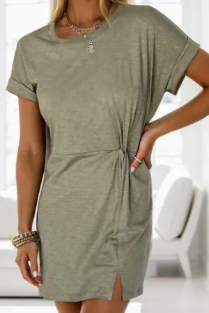 Twist Front Short Sleeve Crew Neck T Shirt Dress