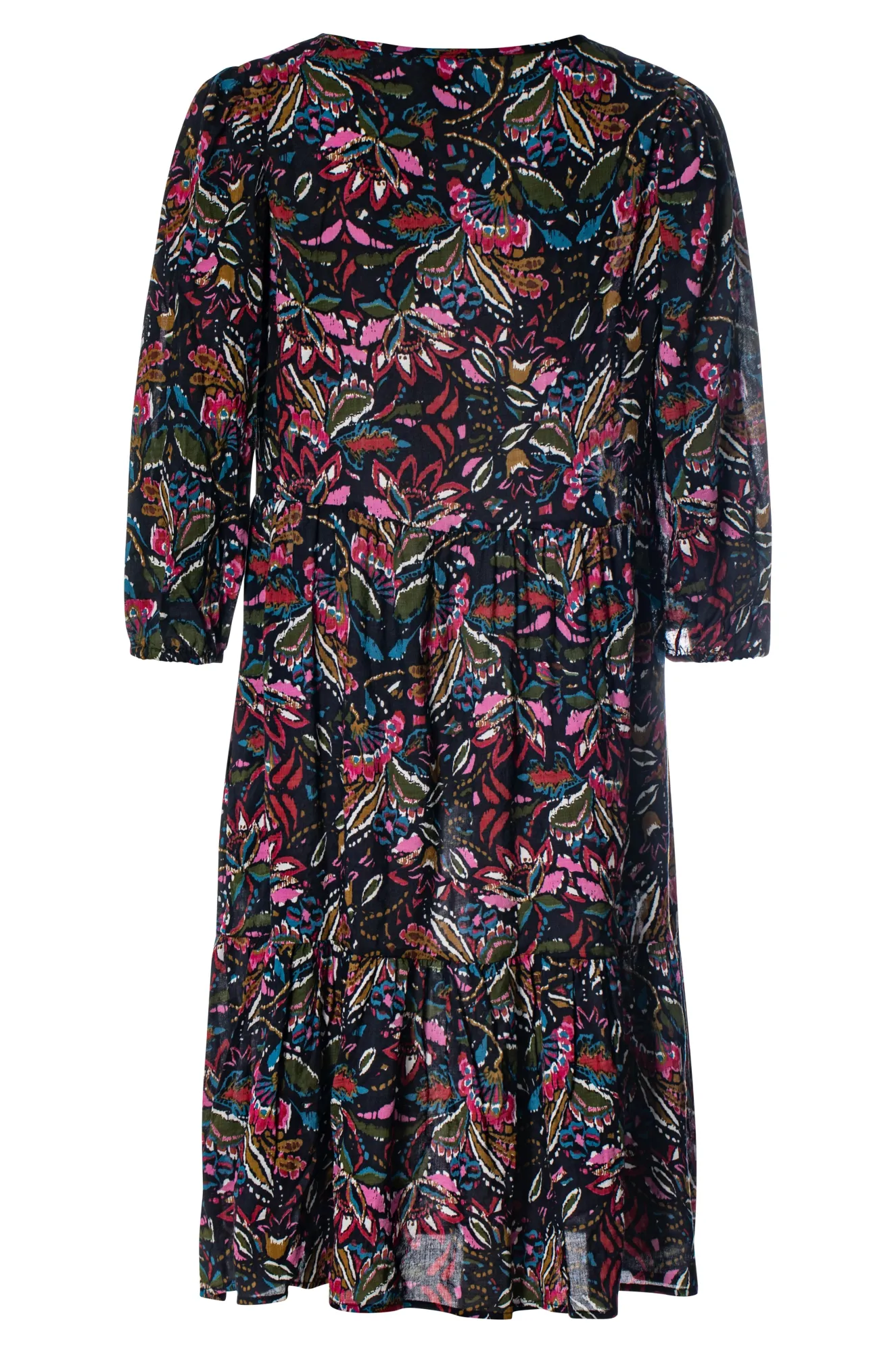 V neck Cotton Rayon Dress | Navy Olive Floral | 6543ZZ