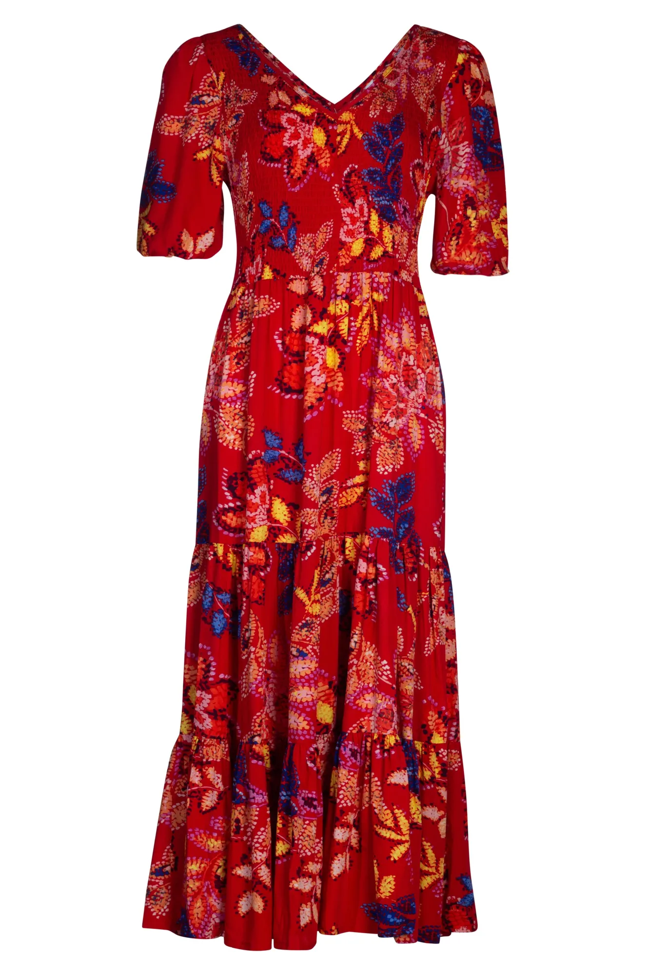 V Neck shirred bodice Maxi Dress | Red Gold Leaf | 3354A1