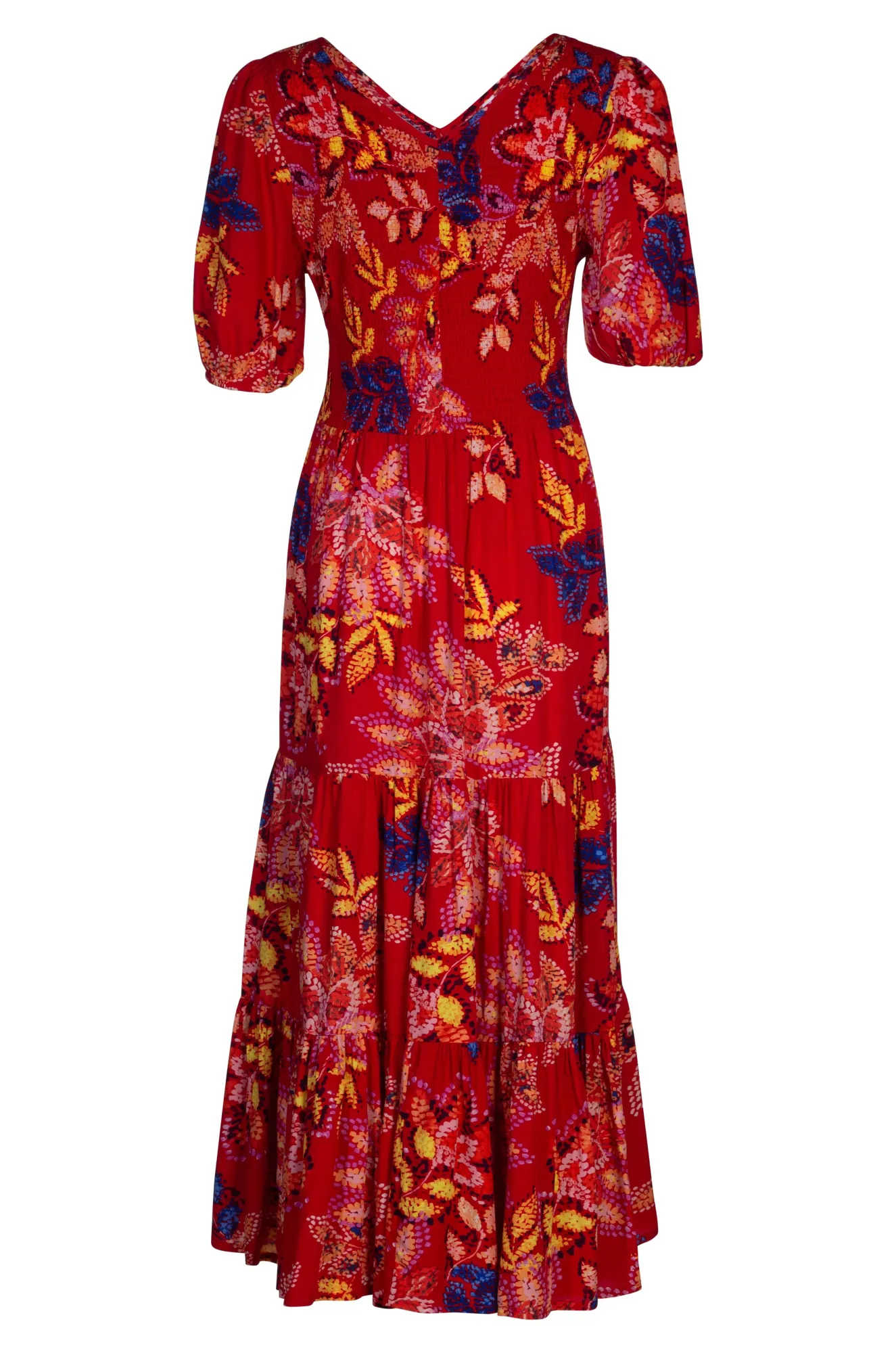 V Neck shirred bodice Maxi Dress | Red Gold Leaf | 3354A1