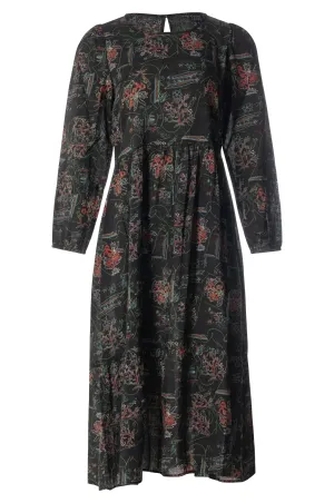 Viscose/Cotton long sleeve Dress | Black Botanical | 6535ZZ