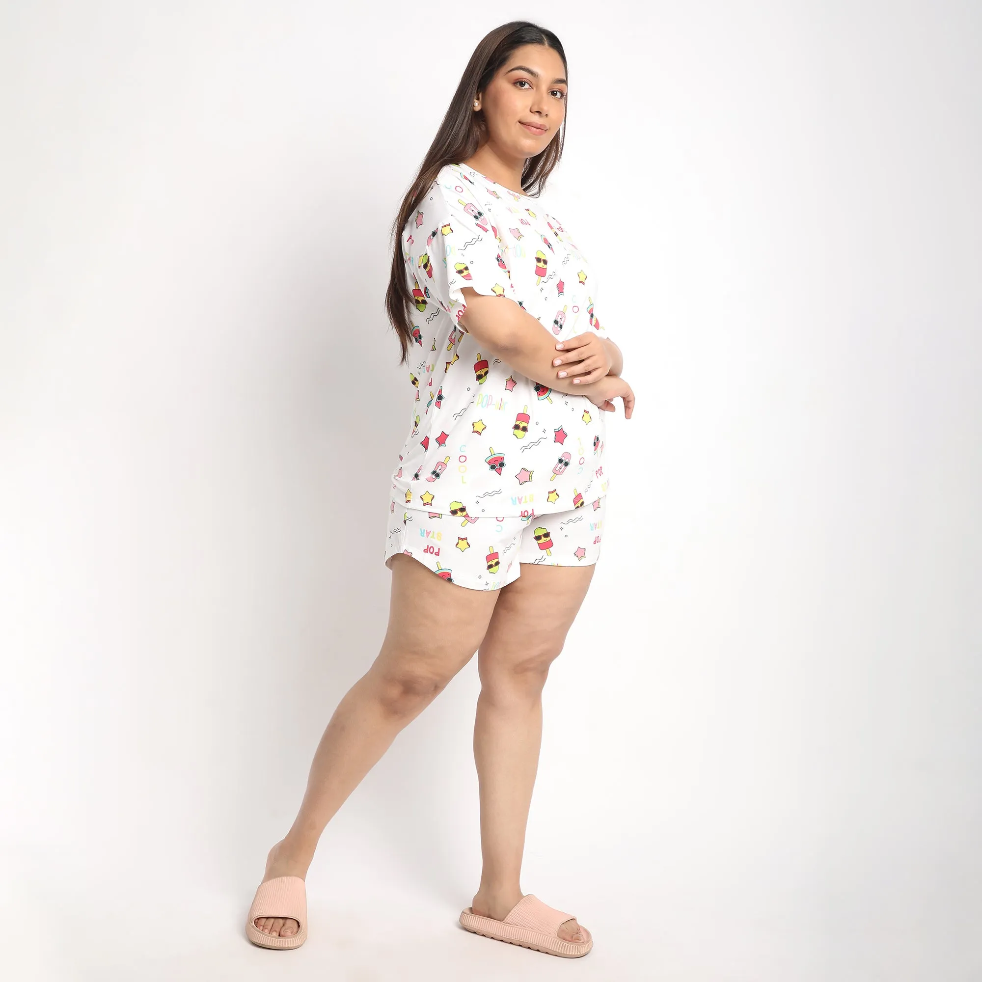 White Cotton Popsicle Print Plus size Jersey Short Set