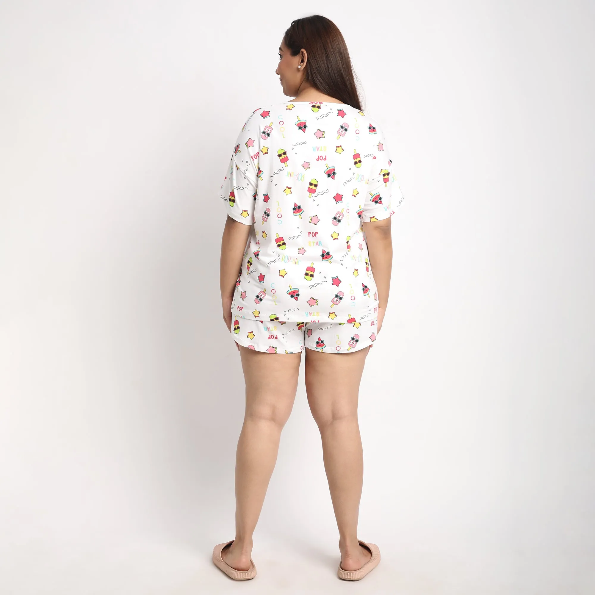 White Cotton Popsicle Print Plus size Jersey Short Set