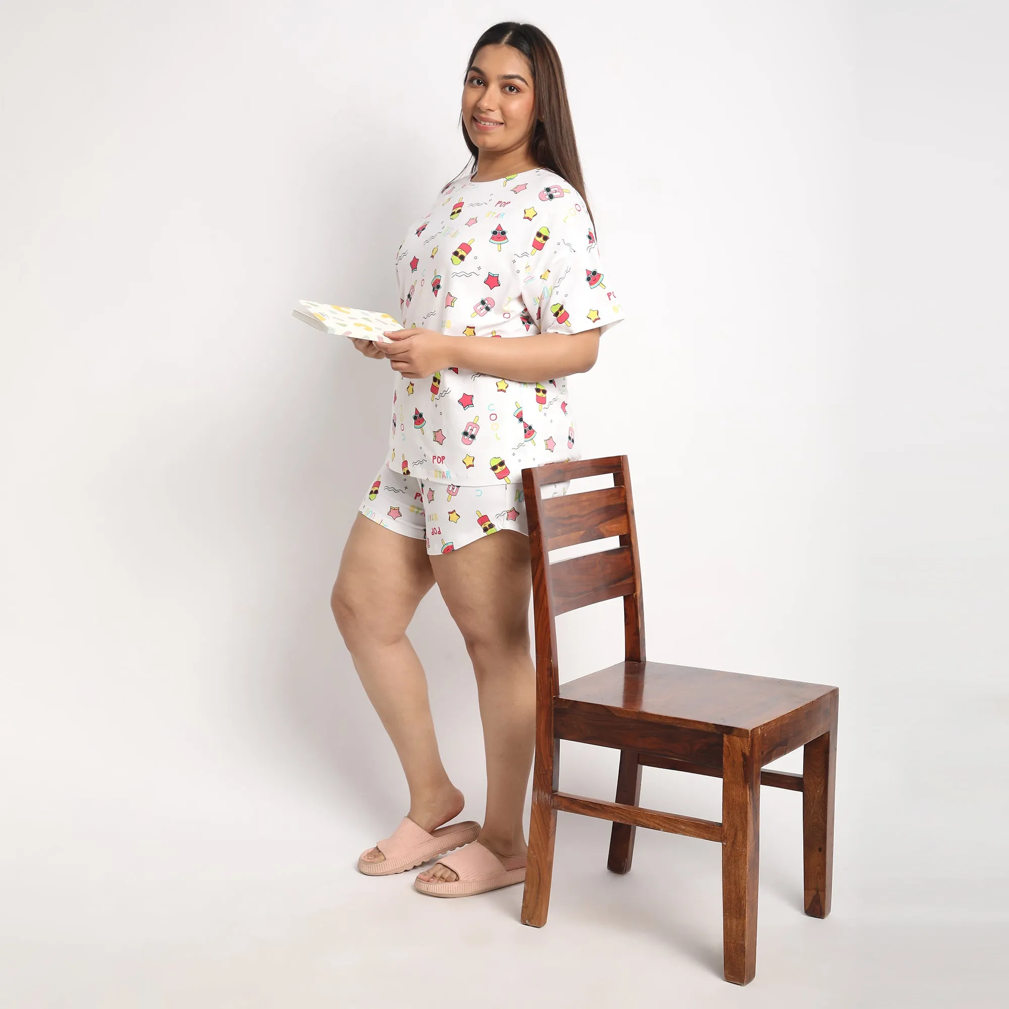 White Cotton Popsicle Print Plus size Jersey Short Set