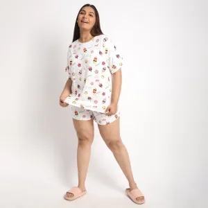 White Cotton Popsicle Print Plus size Jersey Short Set