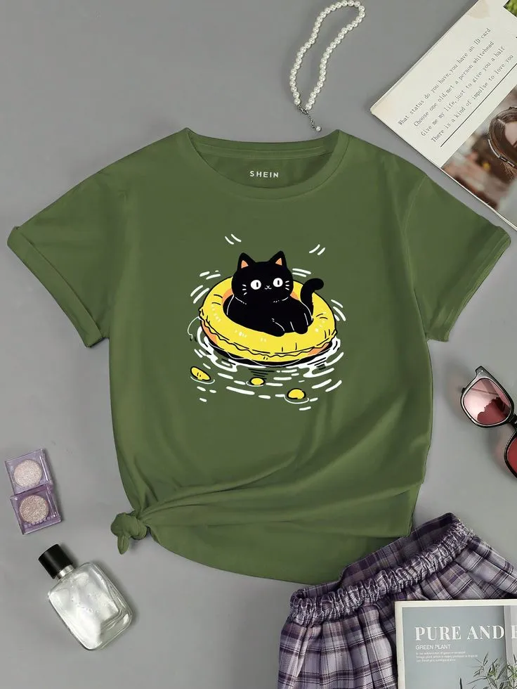 Women Cat Print Casual Daily Wear Spring Summer Short Sleeve T-Shirt Regular Fit