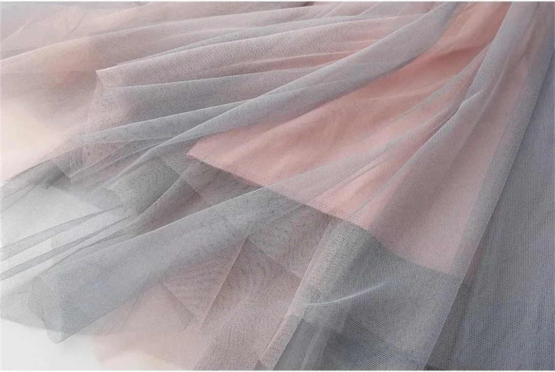 Women Gradient Color High Waist Skirt Summer Irregular Midi Long Tulle A-Line Skirt