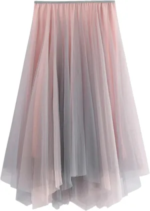 Women Gradient Color High Waist Skirt Summer Irregular Midi Long Tulle A-Line Skirt