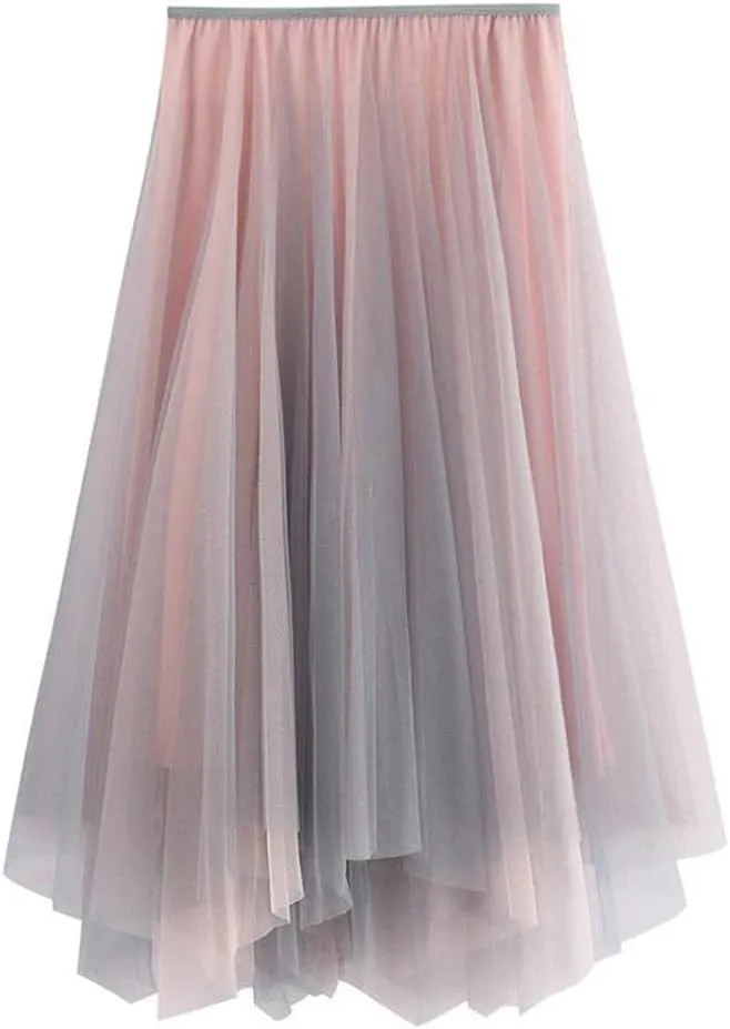 Women Gradient Color High Waist Skirt Summer Irregular Midi Long Tulle A-Line Skirt