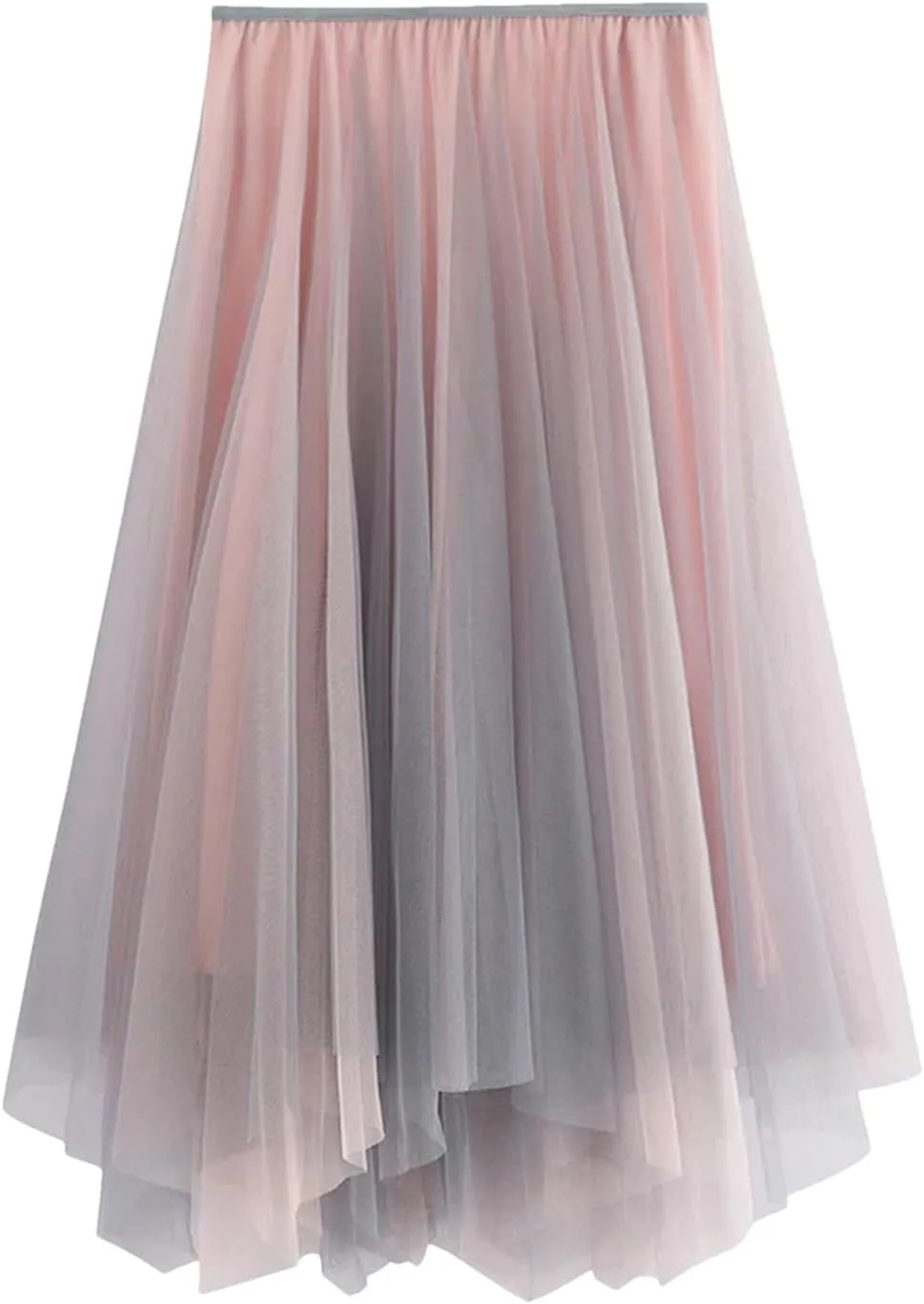Women Gradient Color High Waist Skirt Summer Irregular Midi Long Tulle A-Line Skirt