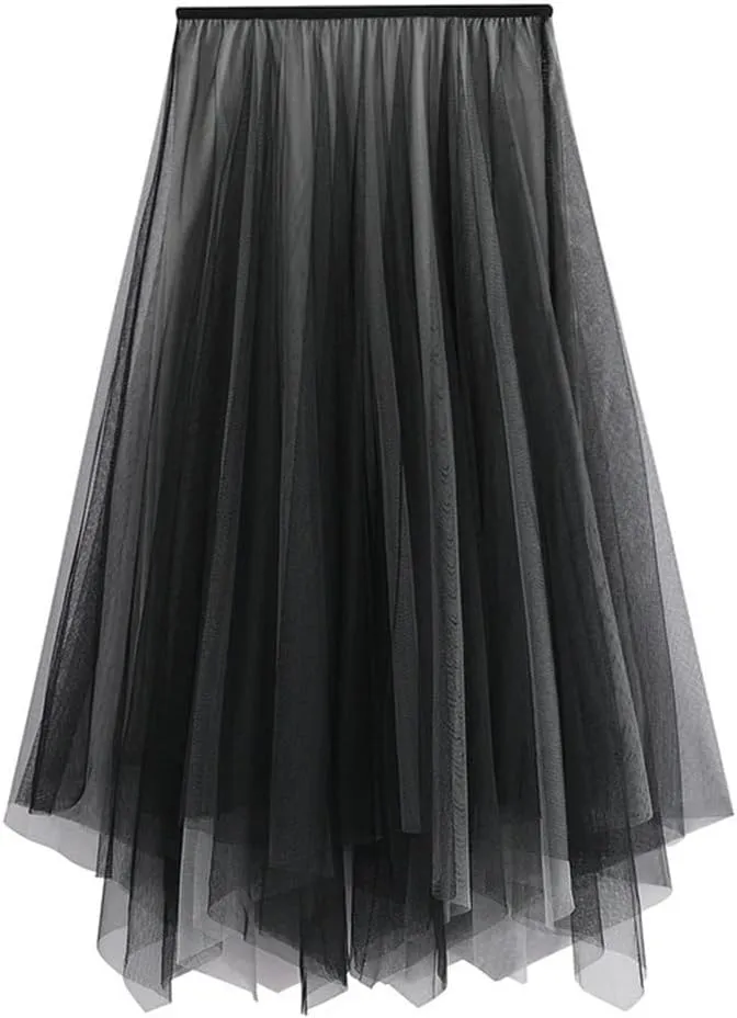 Women Gradient Color High Waist Skirt Summer Irregular Midi Long Tulle A-Line Skirt