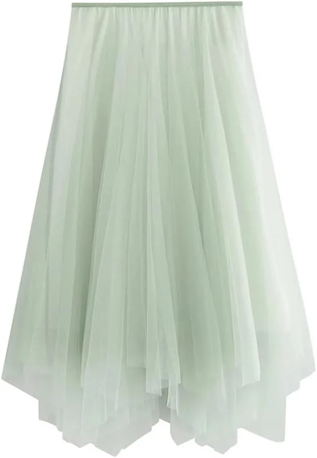 Women Gradient Color High Waist Skirt Summer Irregular Midi Long Tulle A-Line Skirt